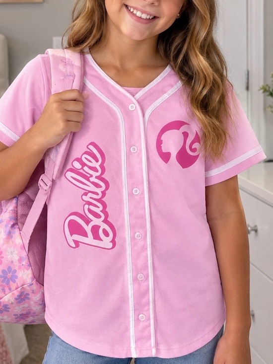 Barbie Other - Barbie Pink Baseball-Style Button Front Top